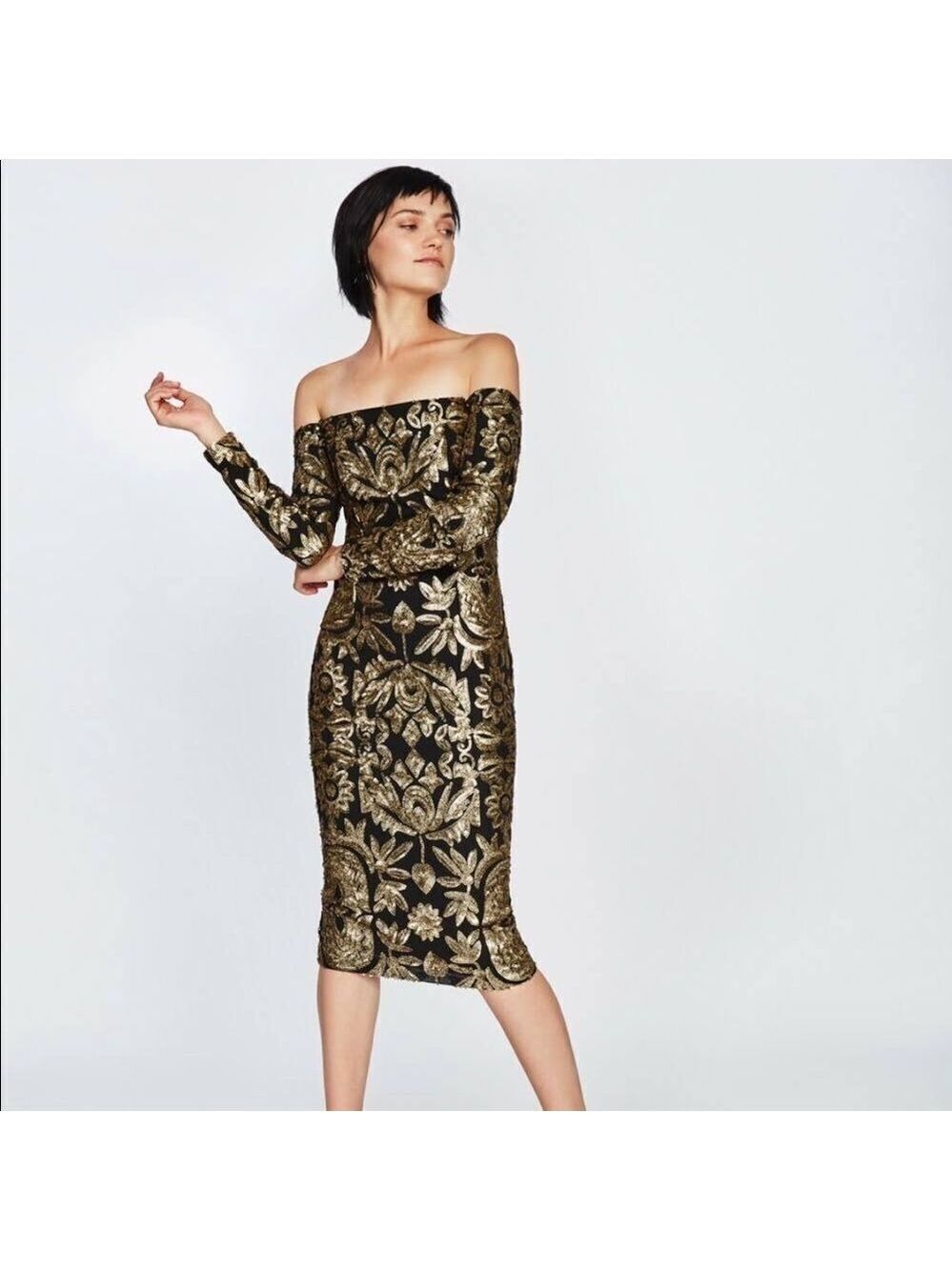 Nicole Miller Collection off the shoulder sequin dress